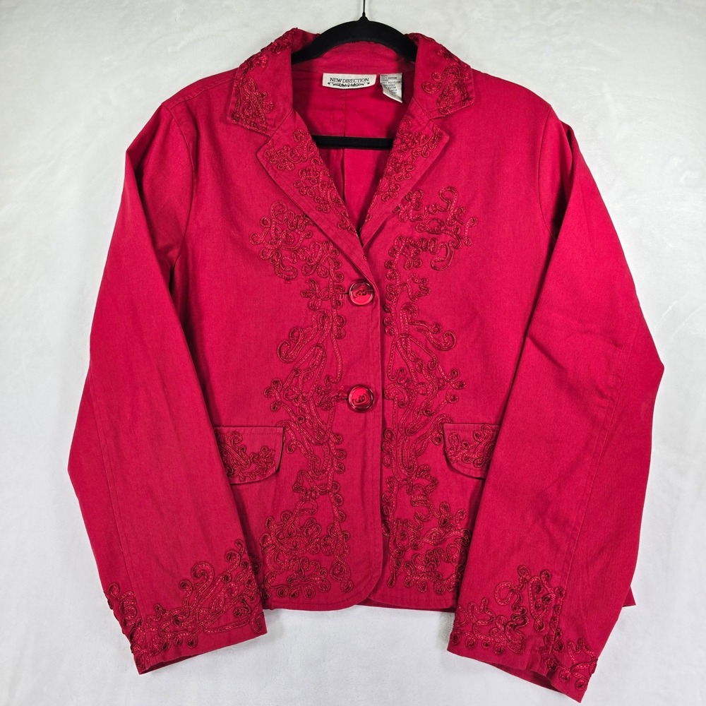 New Direction Women's L Red Embroidered Blazer Jacket Soutache Cottagecore